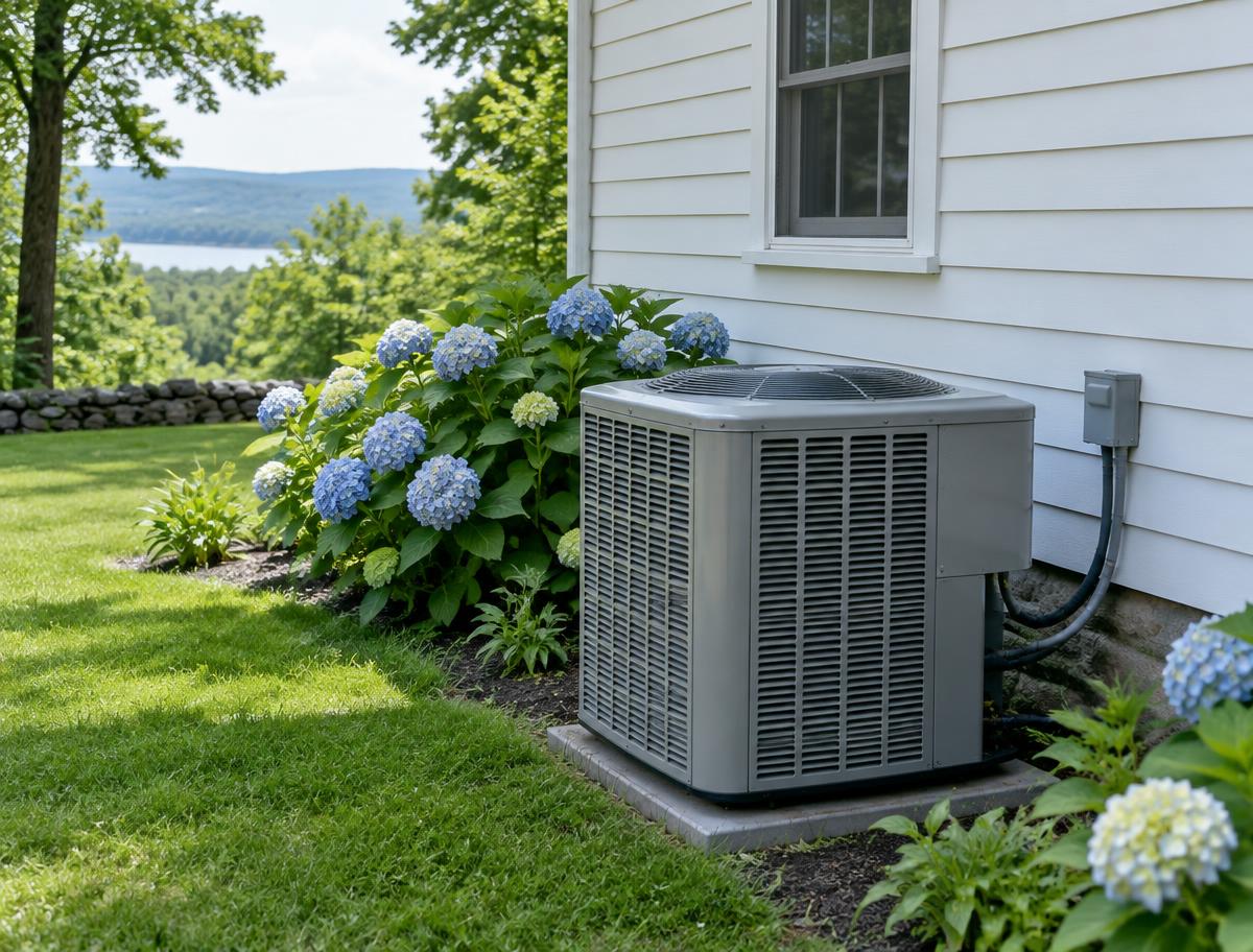 Outdoor air conditioning unit beside a white clapboard house with hydrangeas