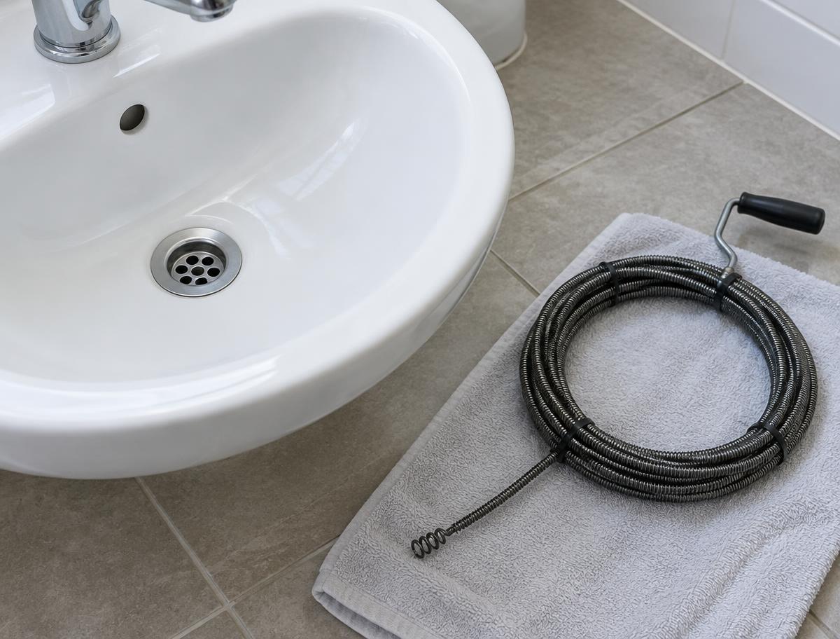 Bathroom sink drain beside a coiled drain-cleaning cable on a towel