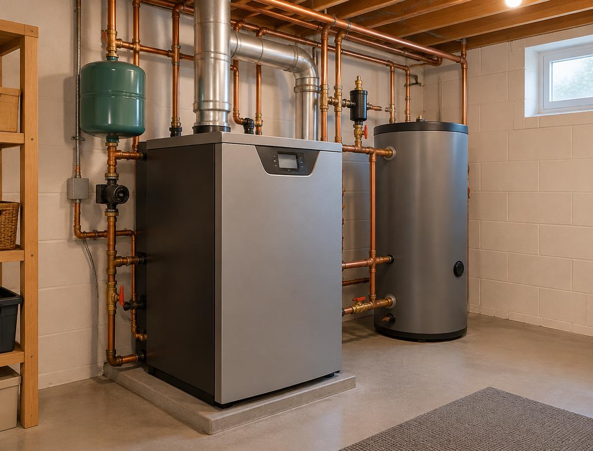 Residential heating system with copper piping in a tidy basement