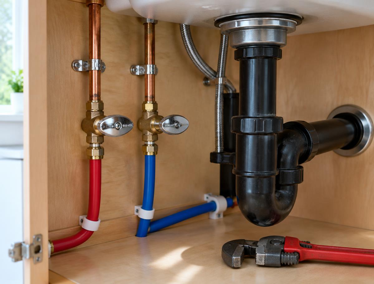 Copper and PEX supply lines with shutoff valves beneath a kitchen sink