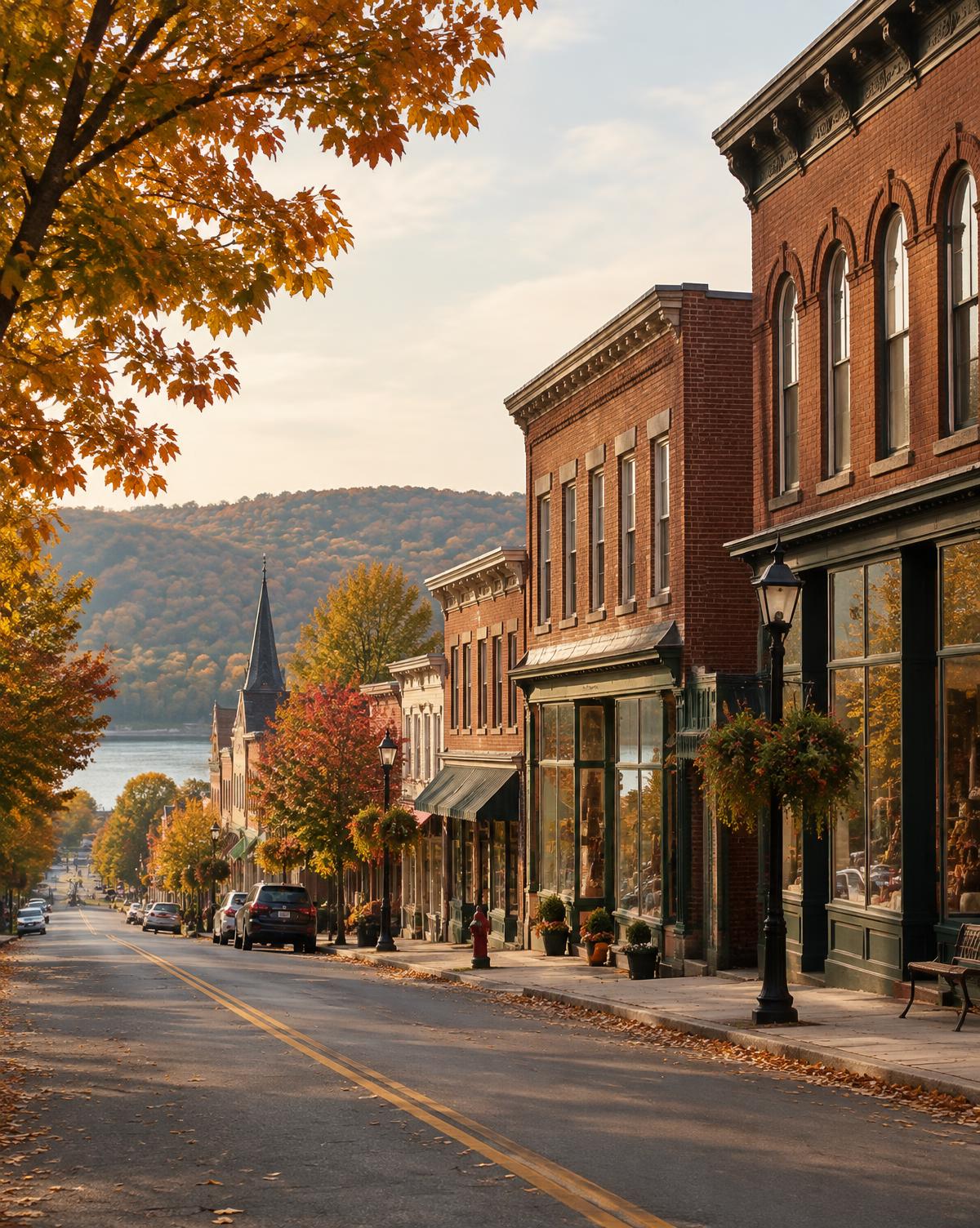 Autumn on a historic Hudson Valley main street lined with brick storefronts