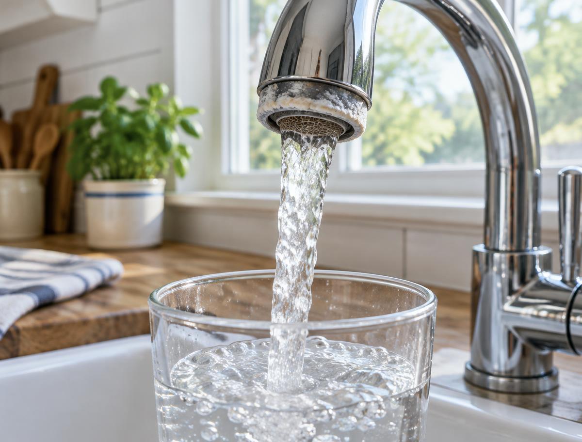 Water pouring from a kitchen faucet with visible mineral scale on the aerator